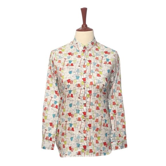 Womens Cotton Shirt Beige Colorful Lamp Print Blouse Button Up Top Medium Work - Picture 1 of 7